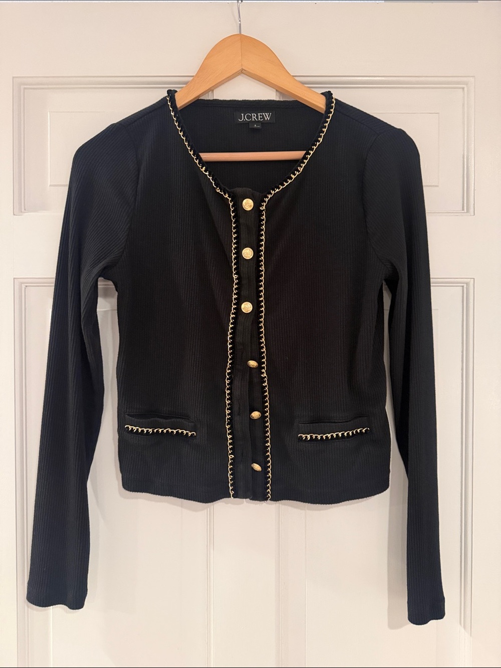J. Crew Black Ribbed Cardigan with Gold Chain Trim and Buttons